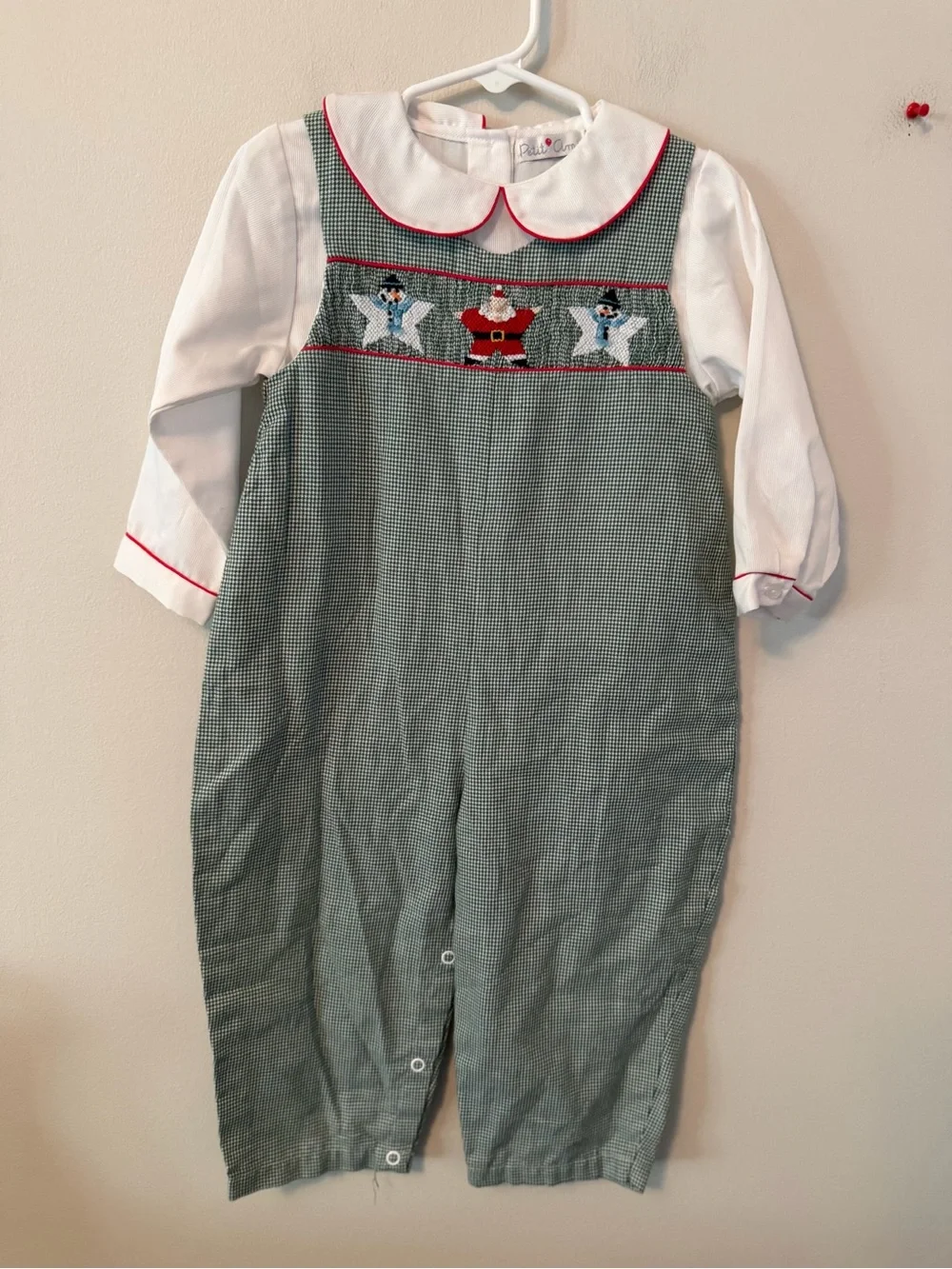 Petit Ami Green Gingham Smocked Santa and Snowman Longalls